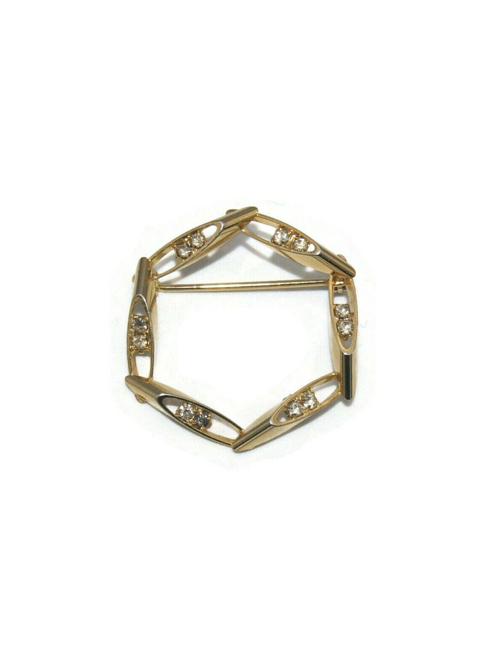Vintage Gold Tone and Rhinestones Hexagon Brooch.